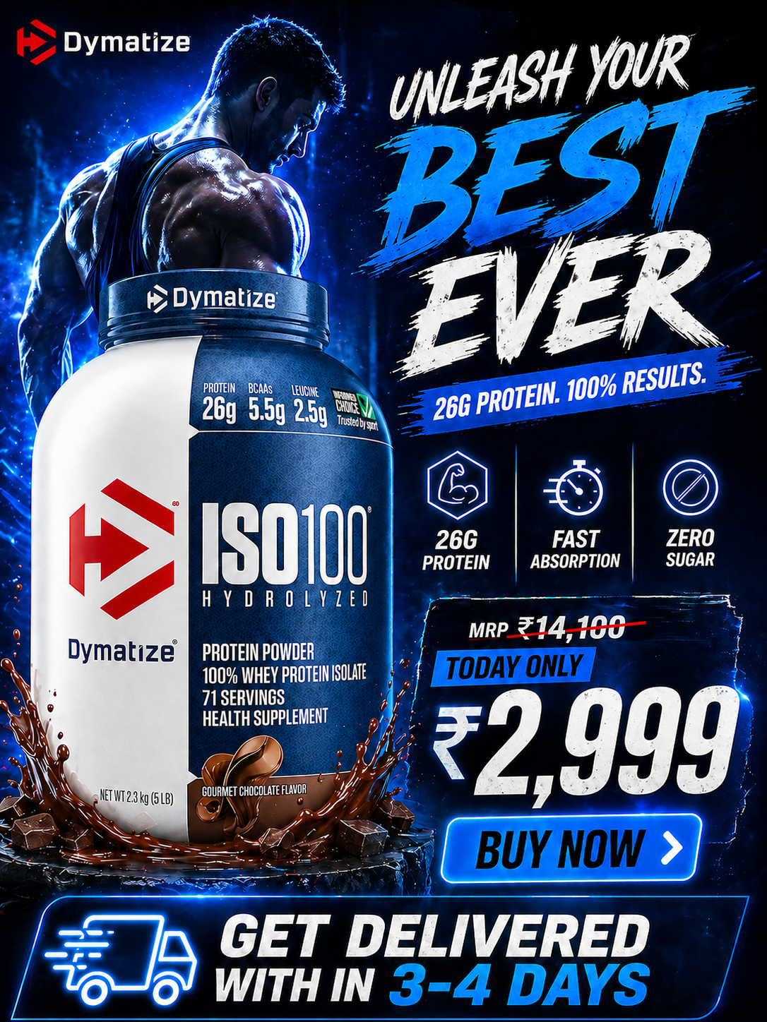 Dymatize ISO100 Whey Protein Isolate, 2.27 kg (5 lb), Gourmet Chocolate